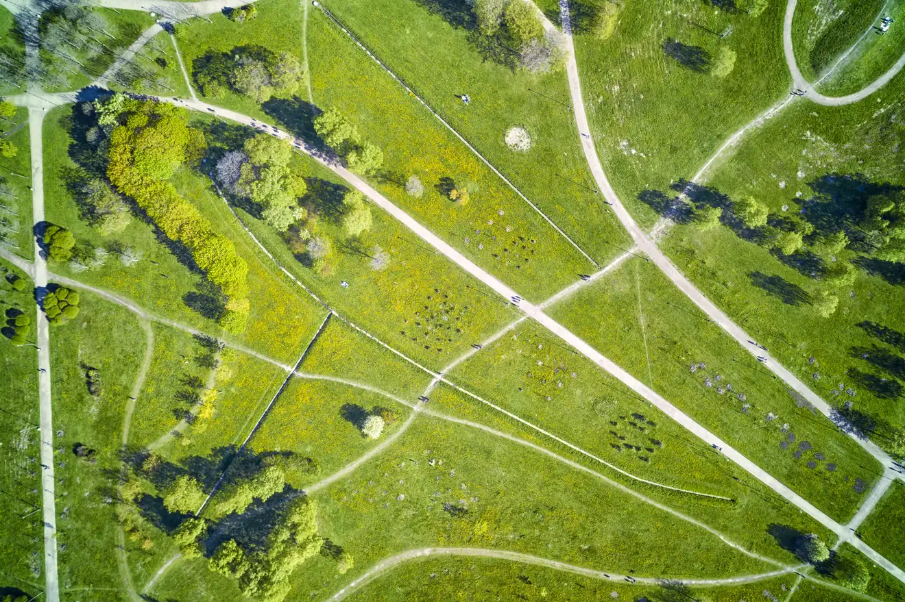 Vias de pedestres e ciclovias no parque verde no verão, Rússia.